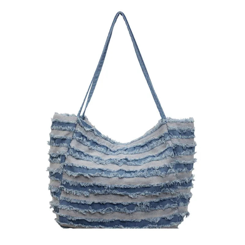Striped Denim Tote Bag | 3D Raw Edge Women's Handbag