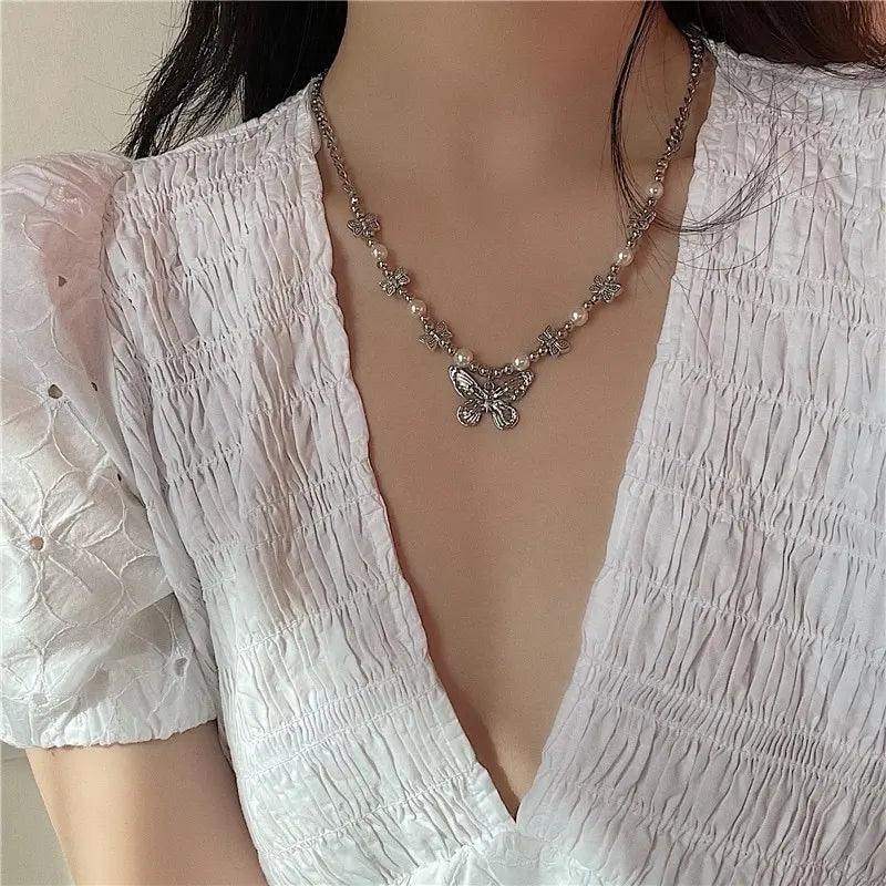2PC Antique Silver Butterfly Faux Pearl Choker Necklace Set Choker Necklace Set Nixie