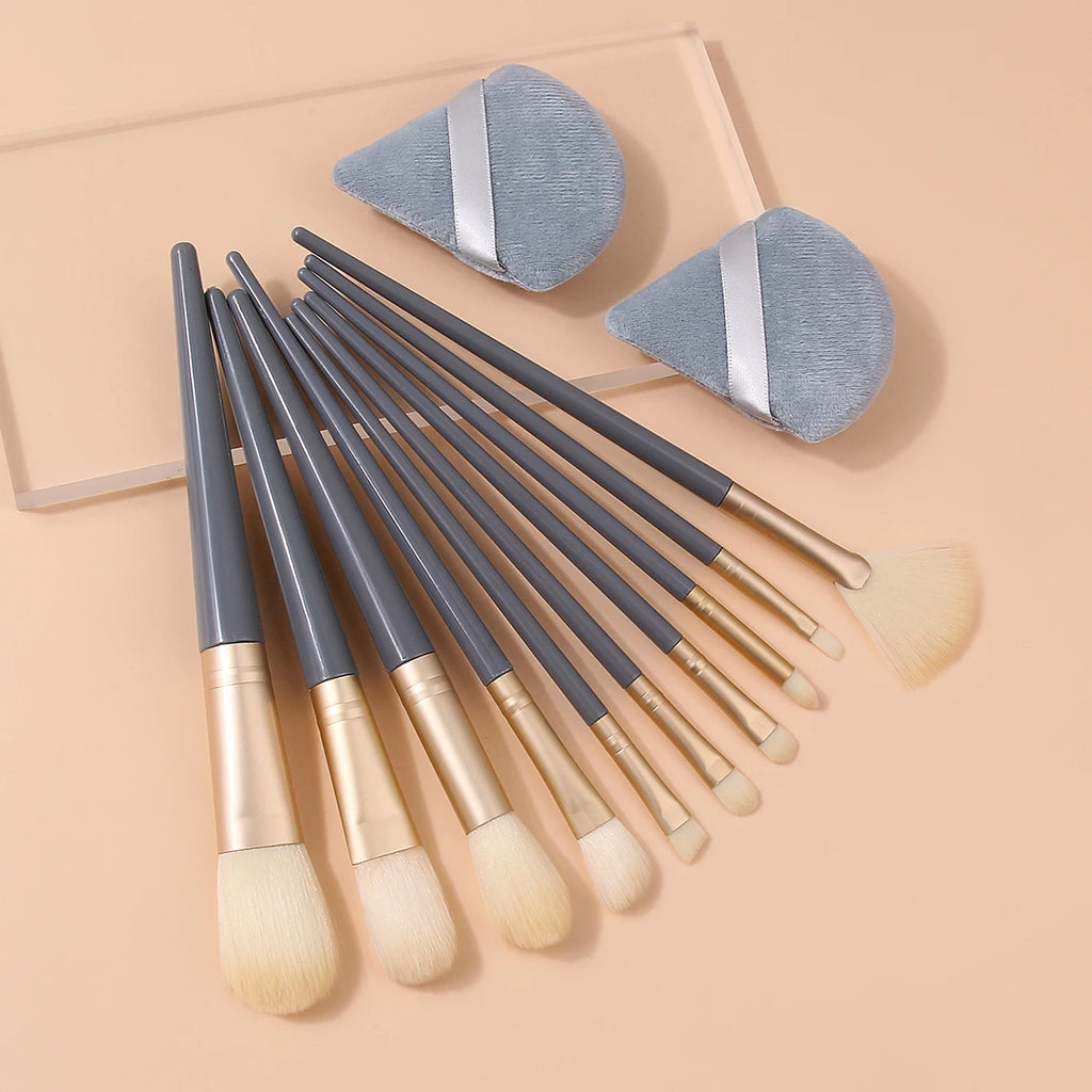 12Pc Professional Makeup Brush Set with 2 Triangle Puffs Makeup Brush Set Nixie Blue