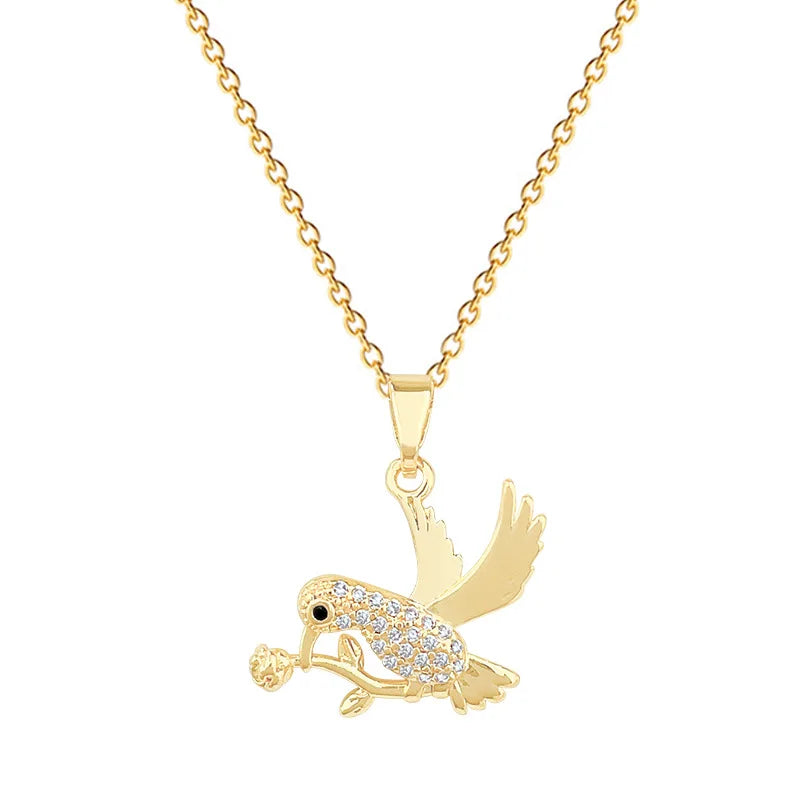Women's Rose Crane Pendant Necklace – Gold Stainless Steel Pendant Necklace Nixie