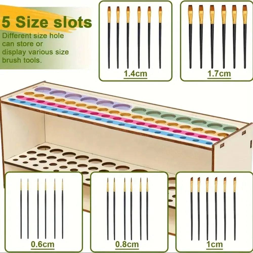67-Slot Wooden Brush Holder – Double-Layer Desk Organizer Wooden Brush Holder Nixie