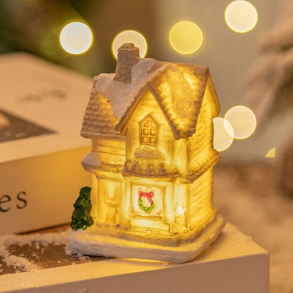 LED Miniature Christmas Village House Resin Ornament Decor Christmas Village Ornament Nixie White-White E