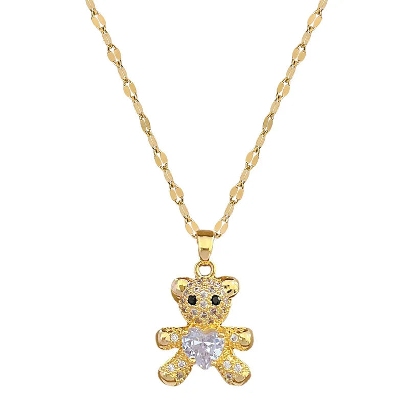 Heart Bear Pendant Choker Necklace – Gold Stainless Steel Pendant Choker Necklace Nixie