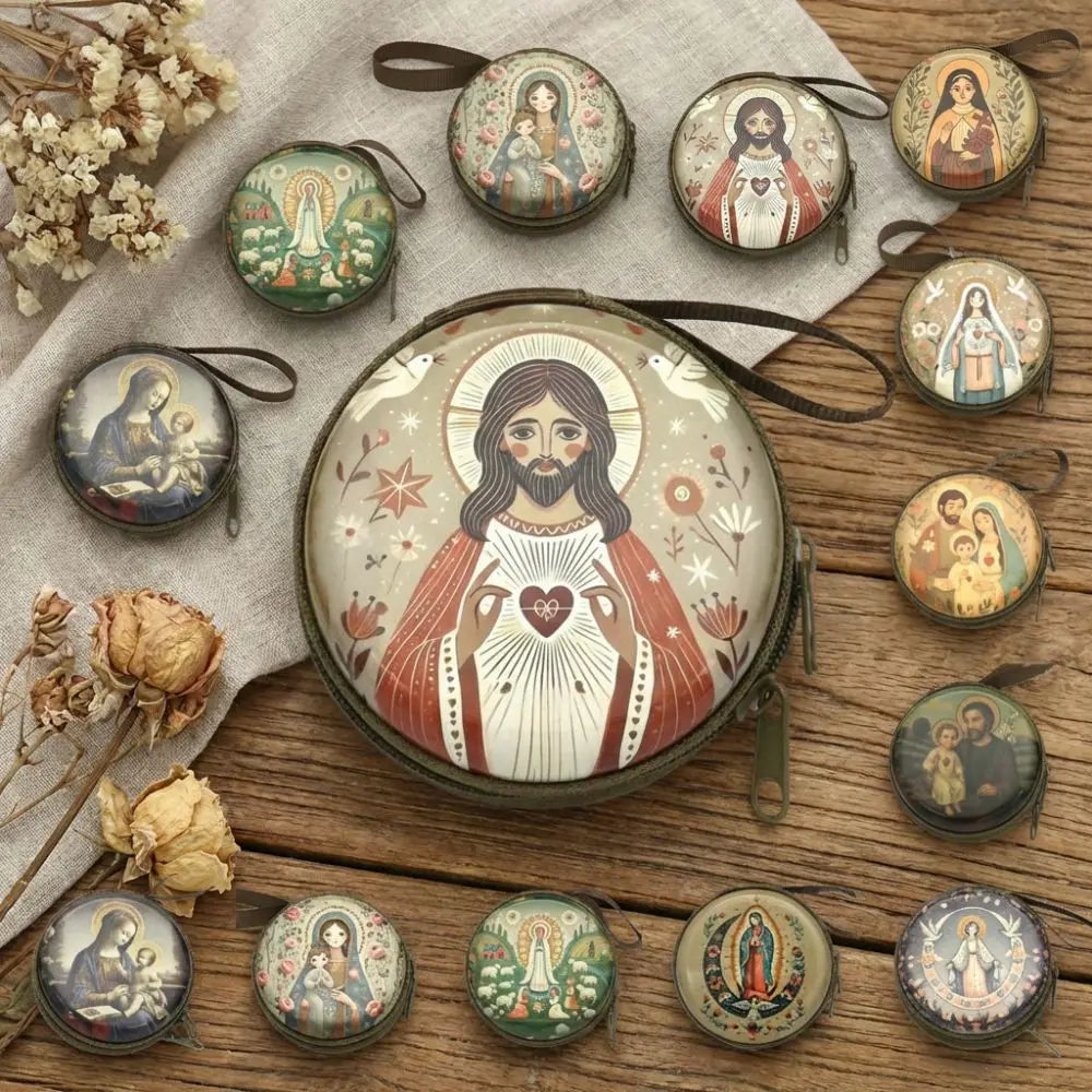 Virgin Mary Round Metal Rosary Storage Bag – Religious Keepsake Religious Storage Tin Nixie