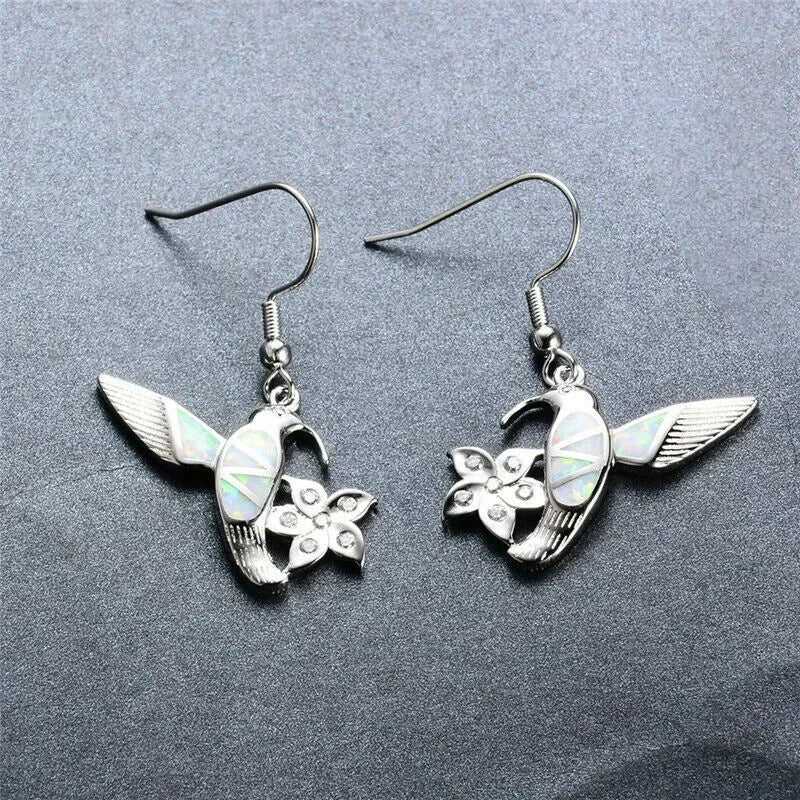 White Simulated Opal Bird Flower Crystal Stud Earrings Crystal Stud Earrings Nixie
