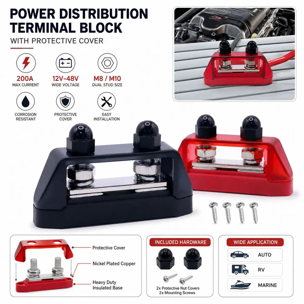 M8/M10 Power Distribution Block 200A Battery Terminal 12V-48V Power Distribution Block Nixie