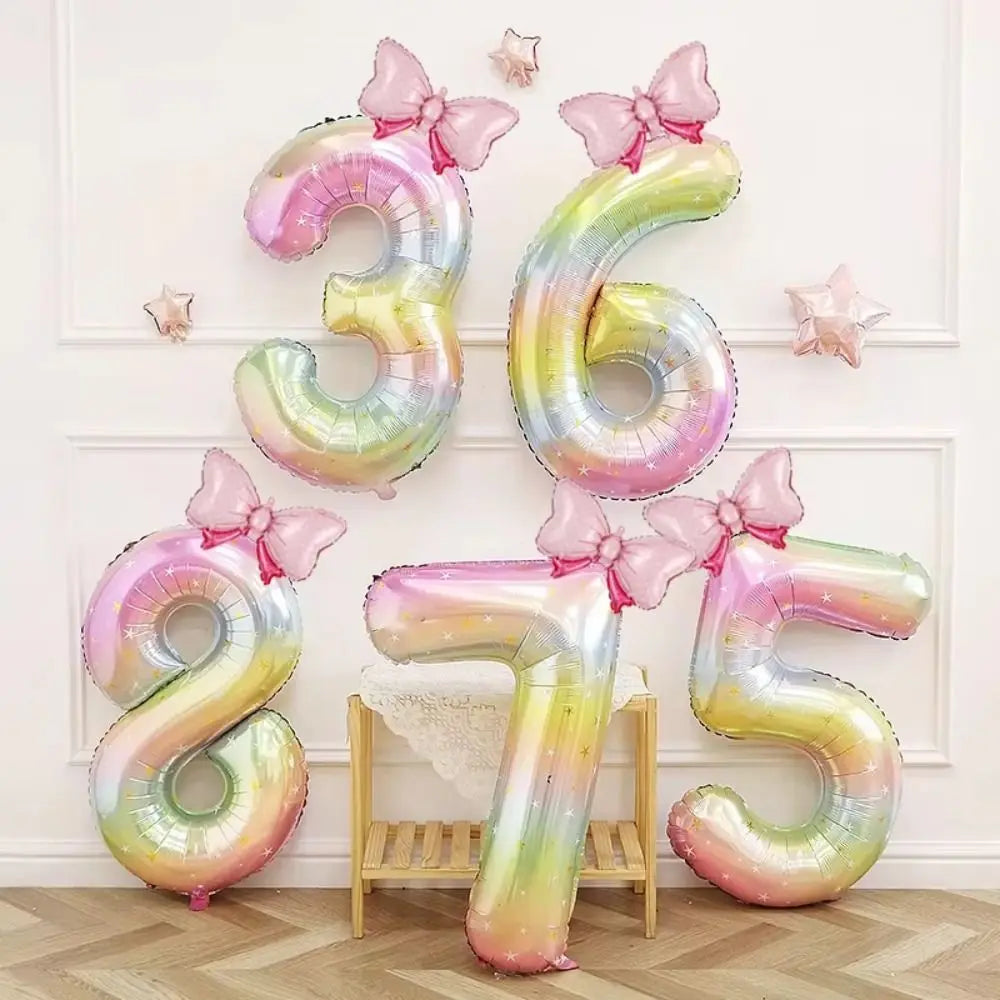 40" Colorful Gradient Number Foil Balloon with Bow – 0–9 Party Balloon Nixie