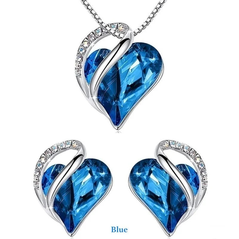 Silver Heart Crystal Earrings & Necklace Jewelry Set for Women Crystal Jewelry Set Nixie Blue