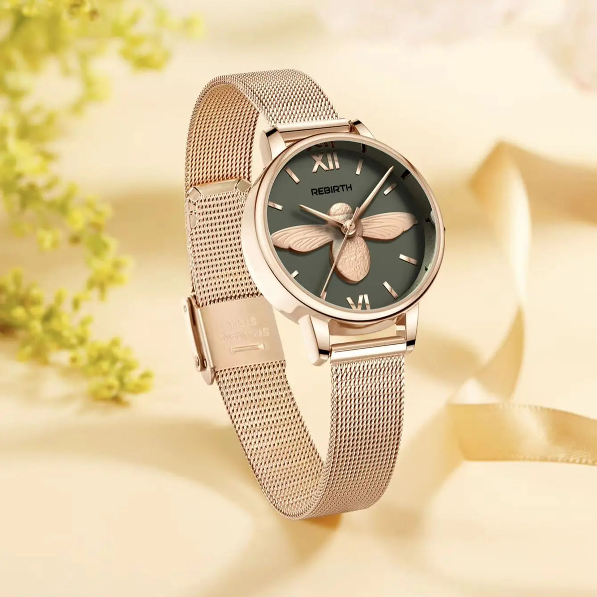 Rose Gold Mesh Women's Watch – Embossed Bee Quartz Dial Women's Wristwatch Nixie