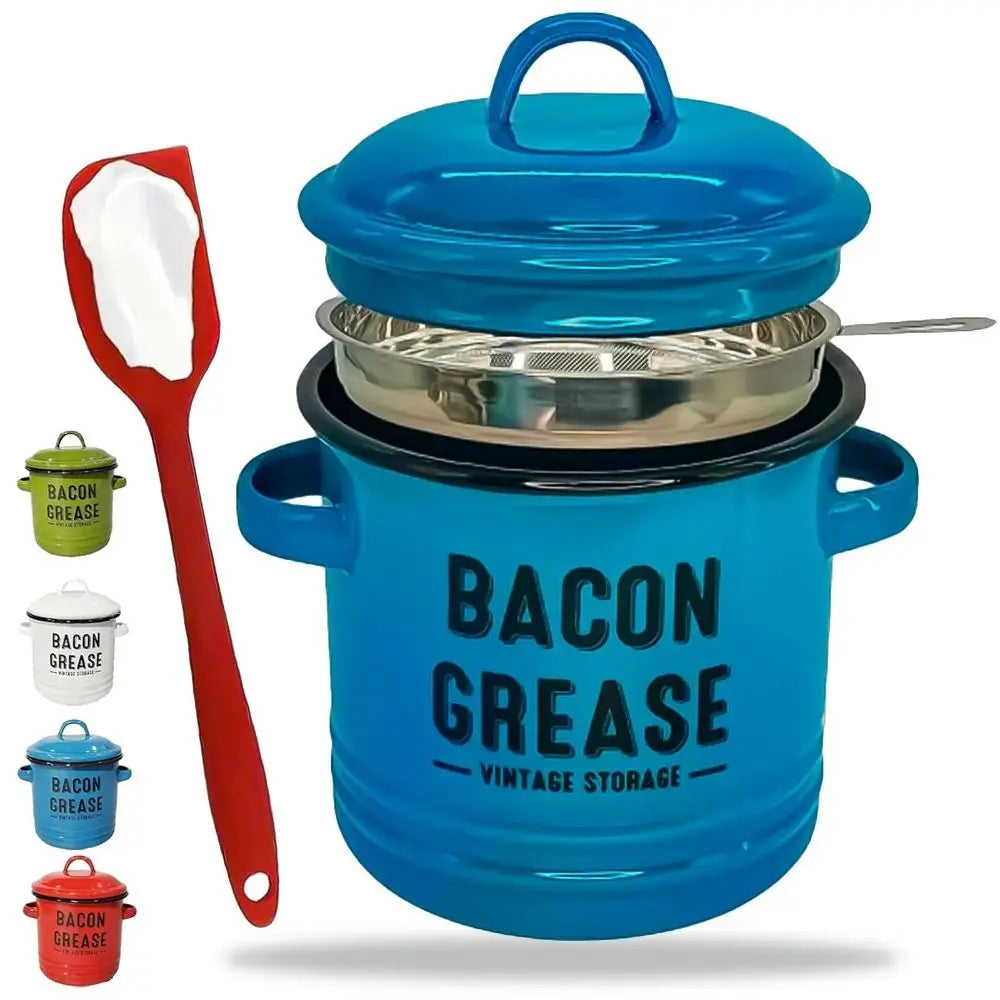 46 Oz Enamel Bacon Grease Container with Strainer & Lid