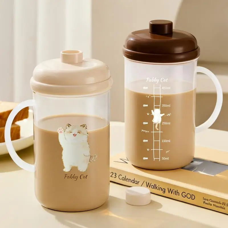 500ml BPA-Free Clear Cat Mug – Leakproof Lid & Volume Marks