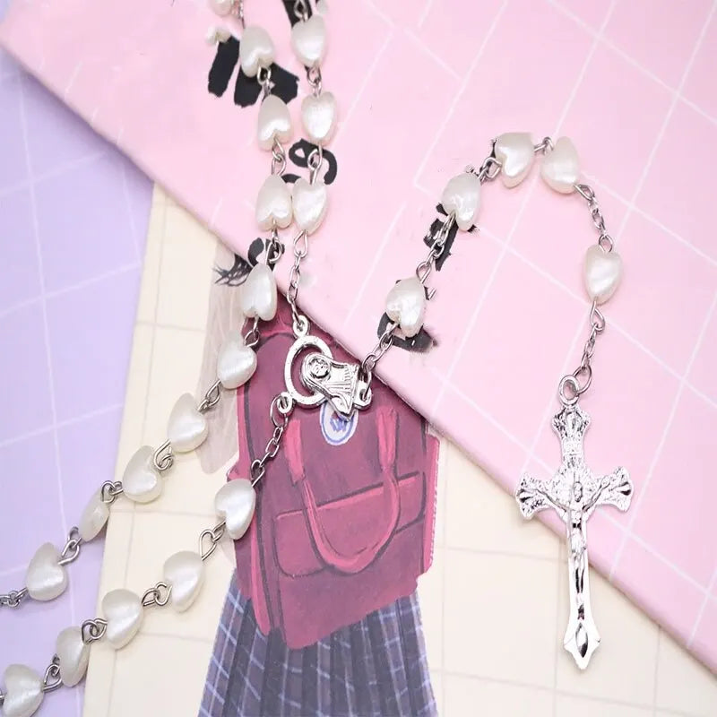 White Gold-Plated Cross & Heart Beaded Necklace | Nixie Beaded Necklace Nixie