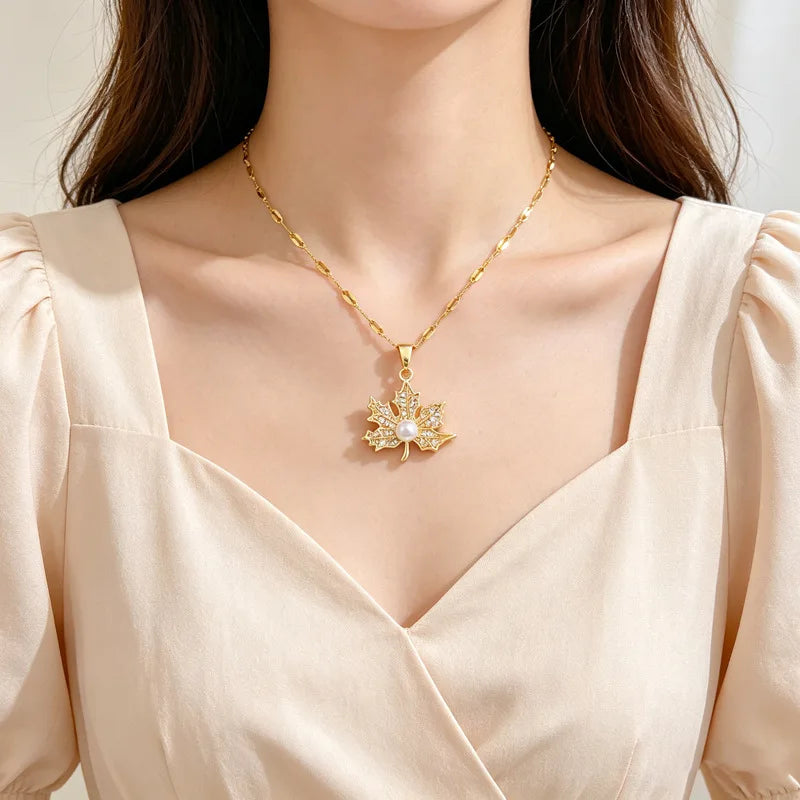 Maple Leaf Pendant Necklace | Gold Stainless Steel | Nixie Pendant Necklace Nixie