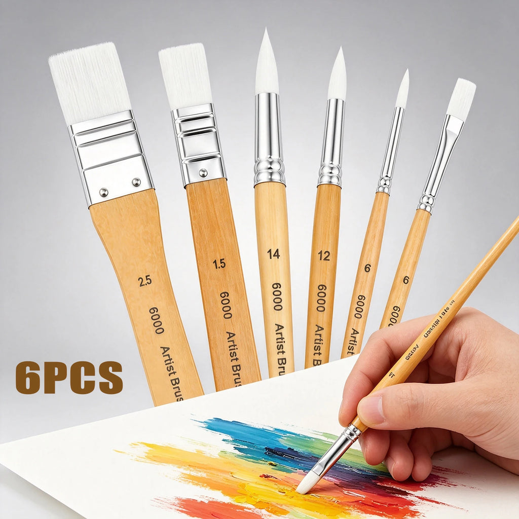 6-Piece Nylon Stencil & Watercolor Paint Brush Set, Wood Handle Paint Brush Set Nixie