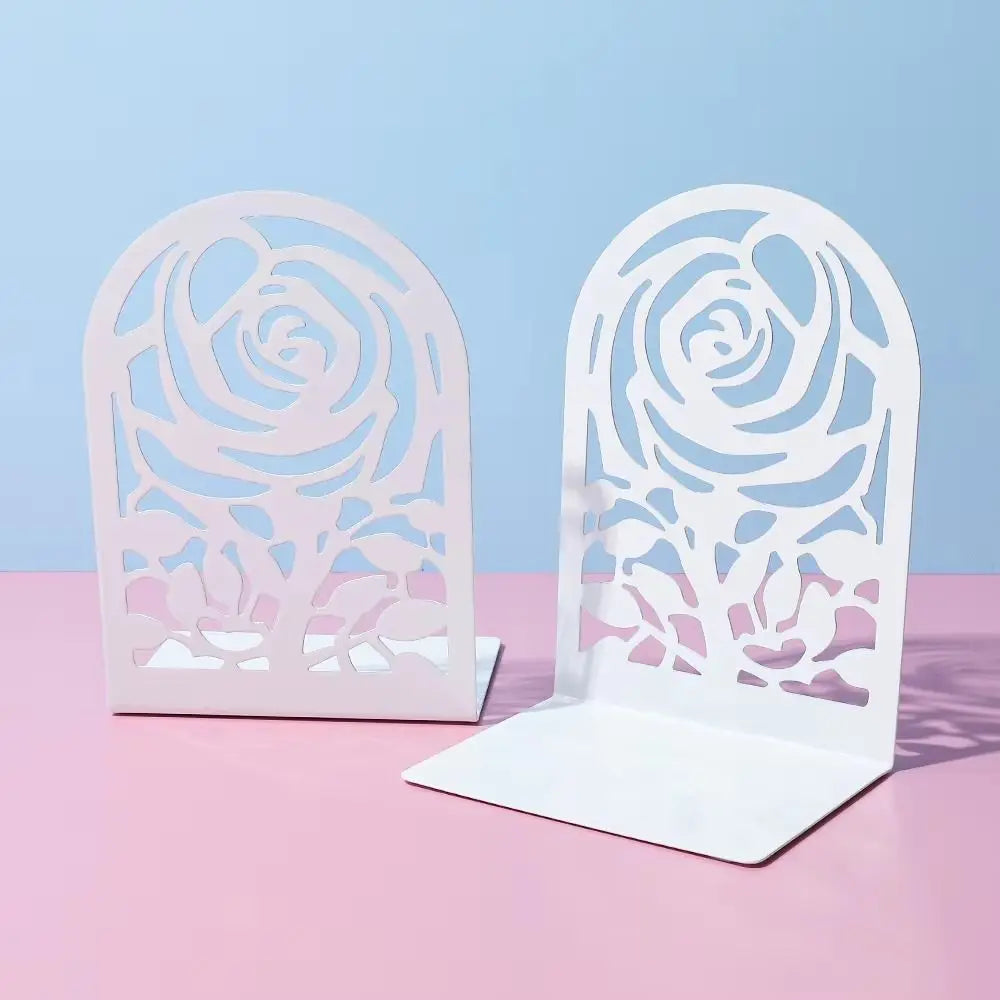 2Pcs Metal Rose Hollow Bookends – Decorative White Book Ends Decorative Bookends Nixie