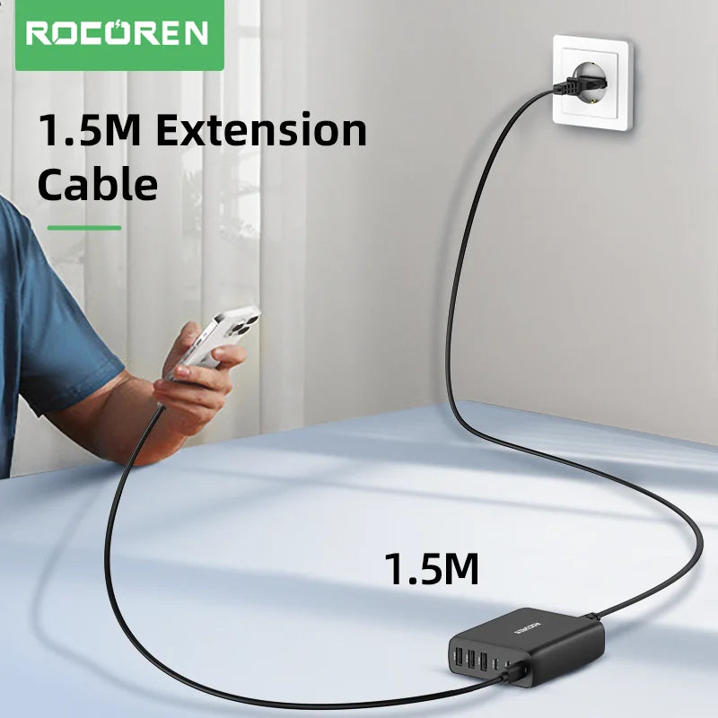 Rocoren 100W GaN Desktop Charger 6-Port USB-C PD Fast Charge Desktop Charging Station Nixie
