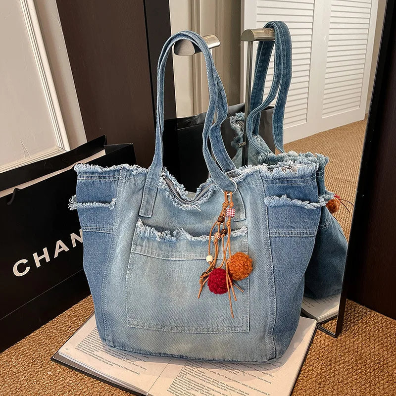 Japanese Washed Denim Tote Bag – Large Women's Shoulder Bag Denim Tote Bag Nixie