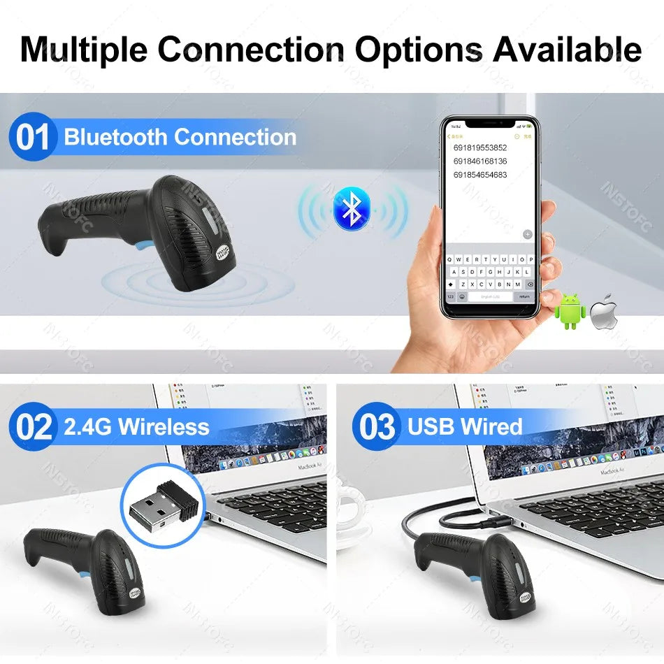 1D/2D Bluetooth USB Wireless Barcode Scanner – CMOS QR Reader