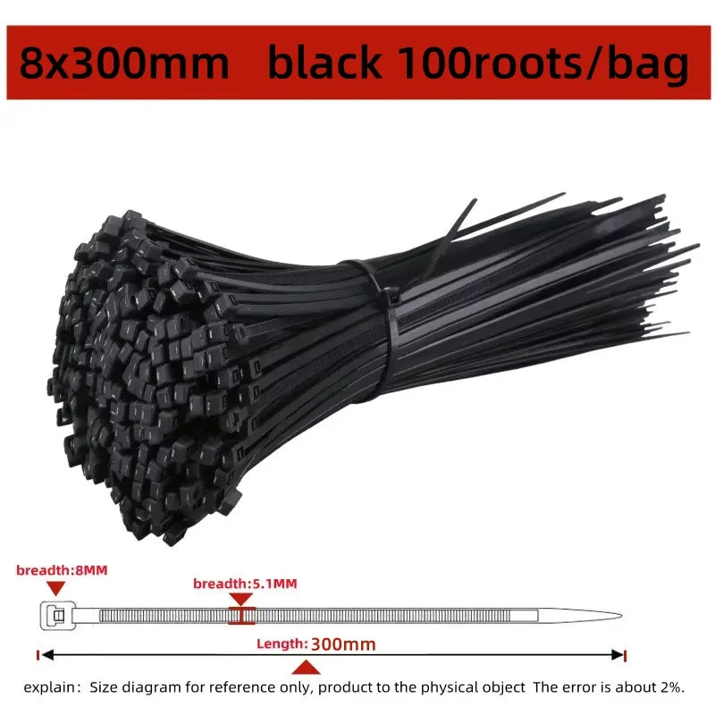 100PCS Self-Locking Nylon Cable Ties Black Zip Straps Nylon Cable Ties Nixie 8x300mm