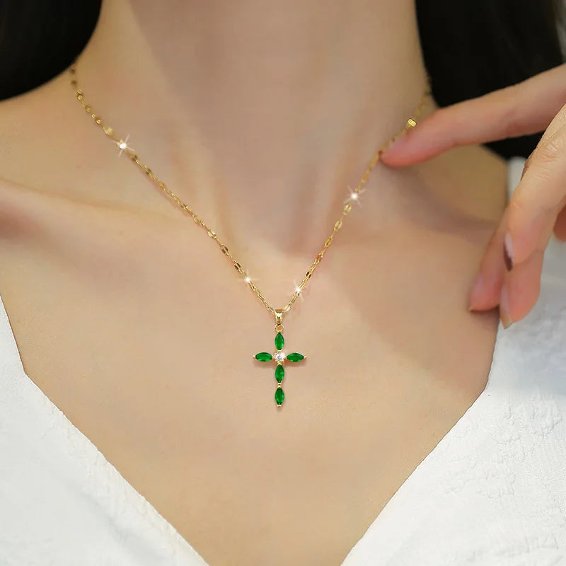 Gold Cross Pendant Necklace – Zircon & Stainless Steel for Women Pendant Necklace Nixie