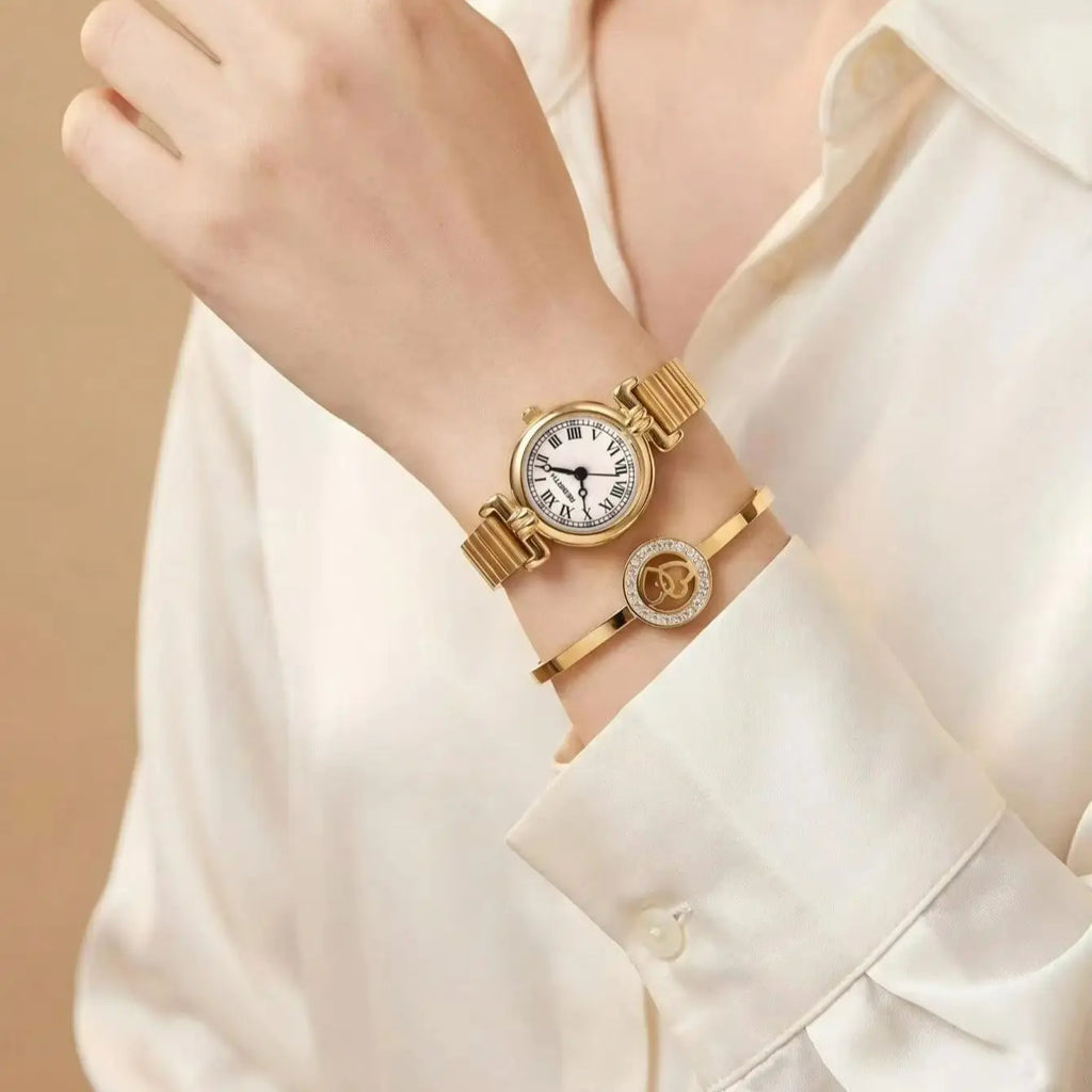 Retro Roman Numeral Gold Watch & Bracelet Set for Women Women's Watch Set Nixie