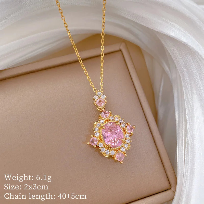 Pink Zircon Geometric Choker Pendant Necklace | Women's Gold Pendant Choker Necklace Nixie XL2606-815