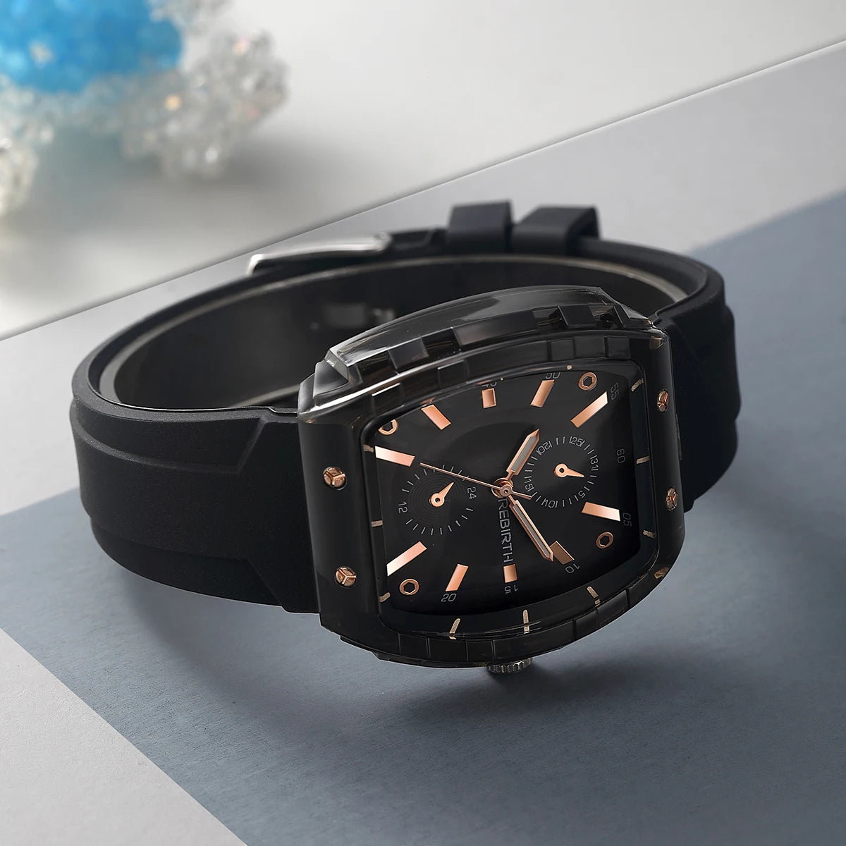 REBIRTH Casual Quartz Watch – Minimalist Tonneau Silicone Band Casual Quartz Watch Nixie