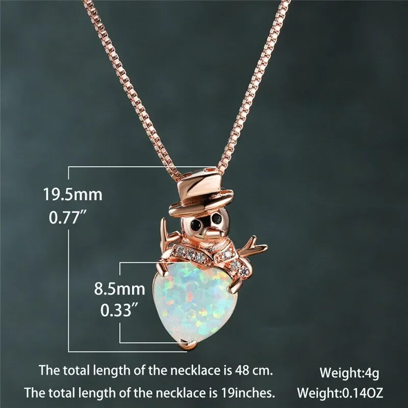 Heart Snowman Pendant Necklace – Pink Simulated Opal Charm Pendant Necklace Nixie