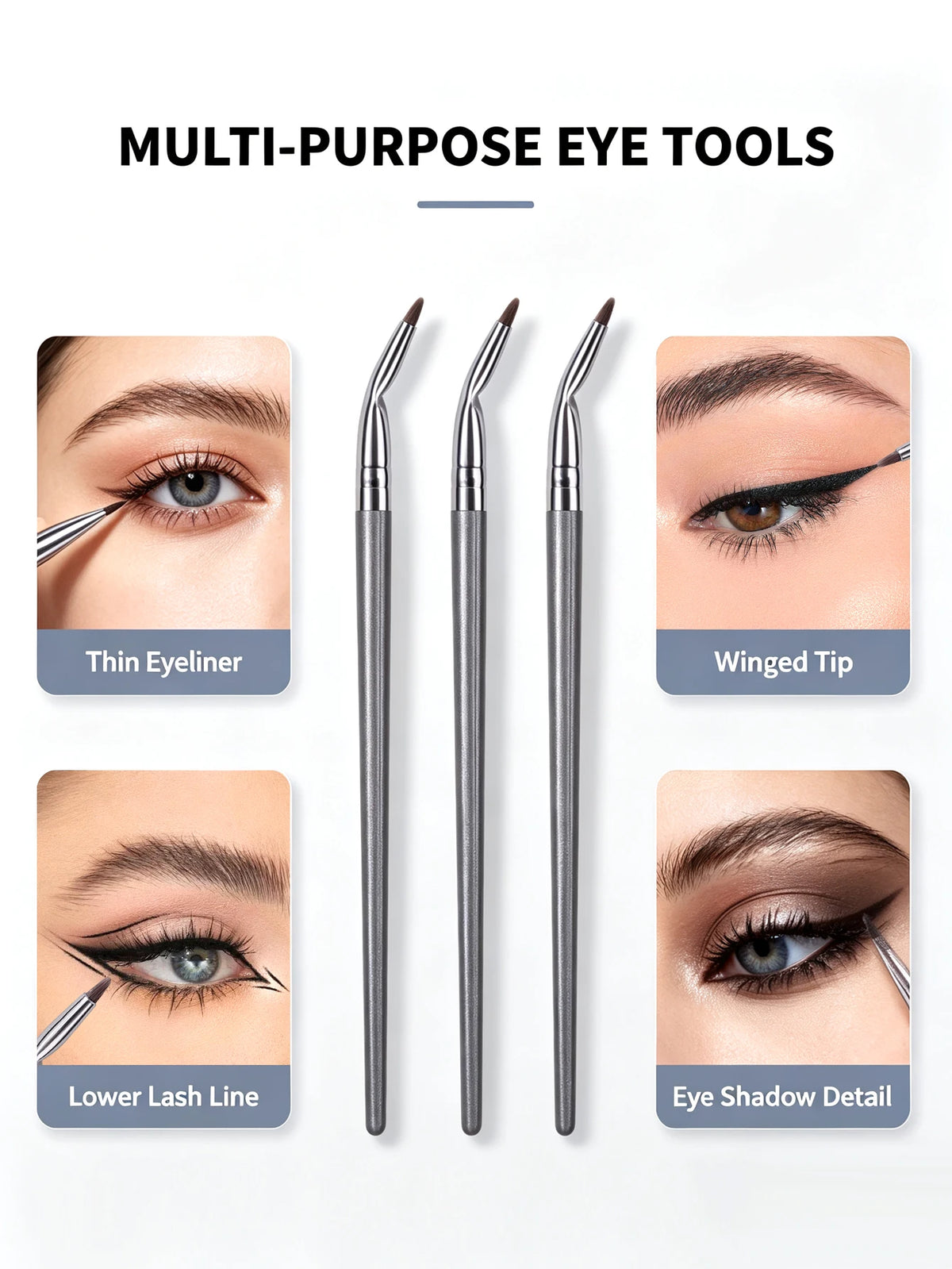 3-Piece Bent Eyeliner & Lip Brushes – Angled Precision Tip Makeup Brush Set Nixie