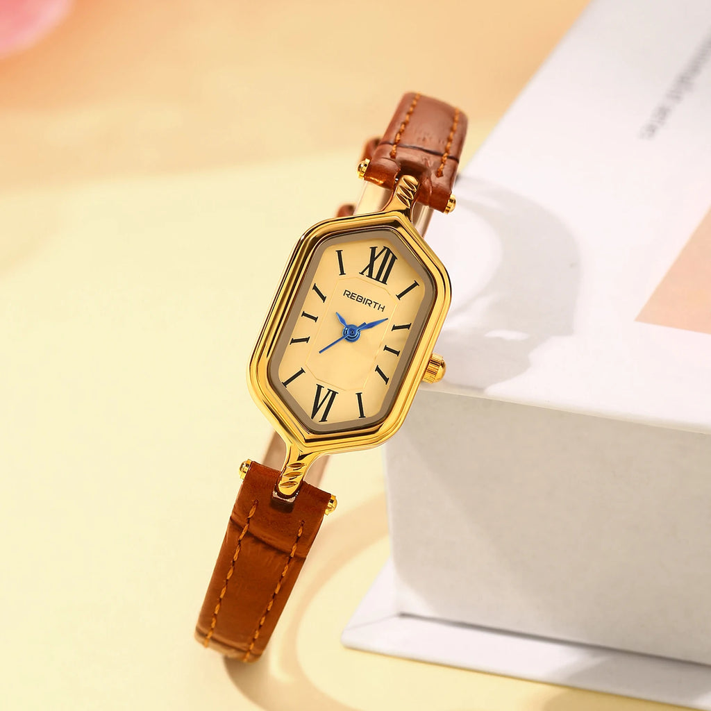 REBIRTH Retro Gold Women's Quartz Watch – Hexagonal Leather Strap Women's Quartz Watch Nixie
