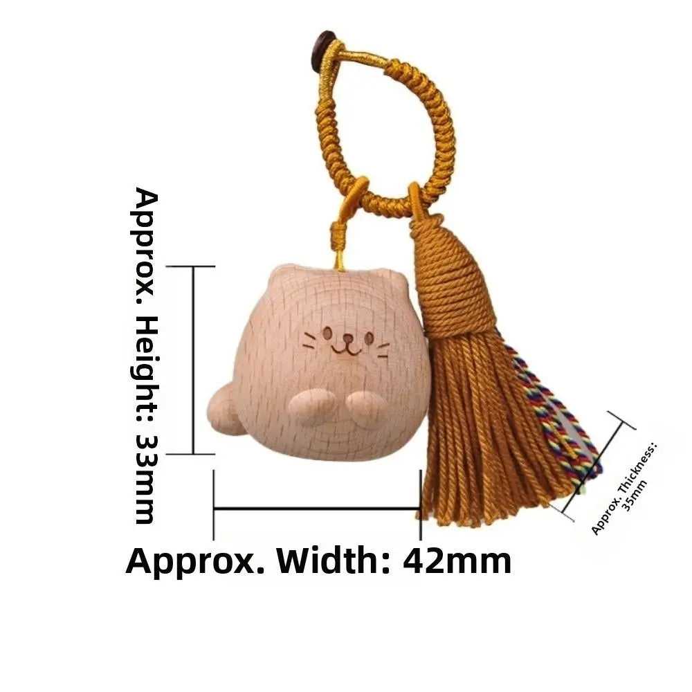 Hand Carved Wooden Cat Keychain with Tassel | Lucky Cat Wooden Cat Keychain Nixie