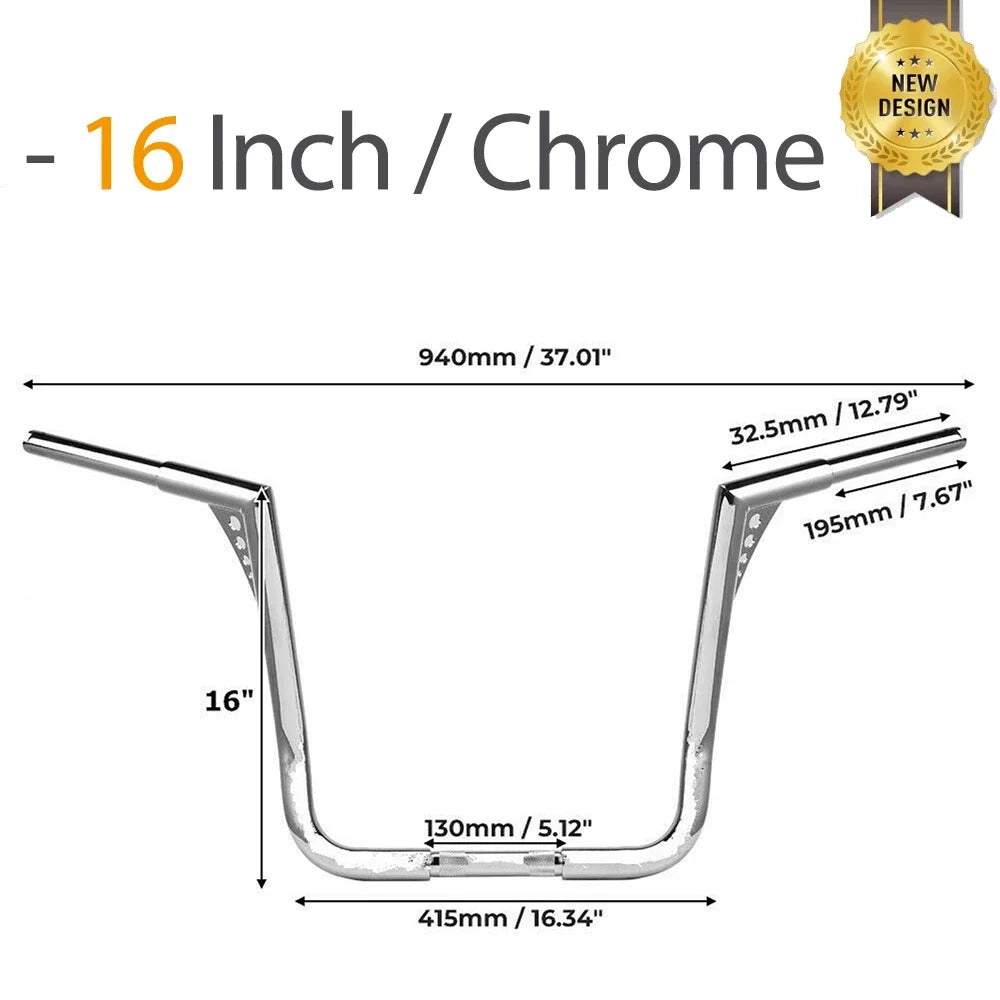 Ape Hanger Handlebar 12/14/16" 1-1/4" Fat Bar Harley Touring Motorcycle Handlebar Nixie 16 inch-Chrome