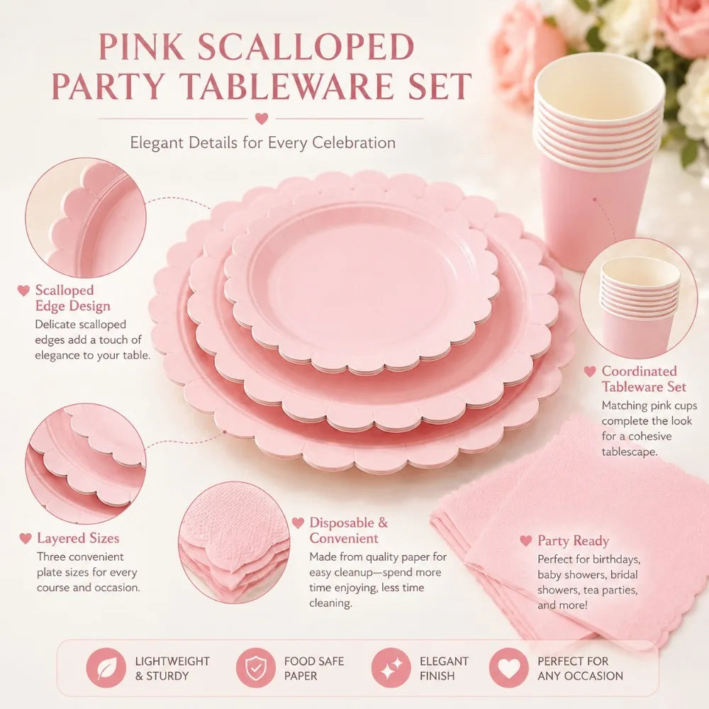 Pink Scalloped Disposable Tableware Set – Plates, Cups & Napkins Disposable Tableware Set Nixie