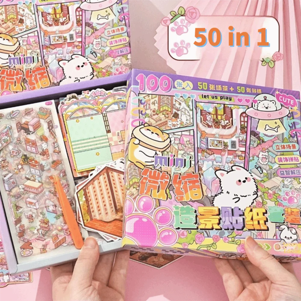 50-in-1 Miniature Scene Landscape Stickers – DIY 3D PET Pack Decorative Sticker Set Nixie