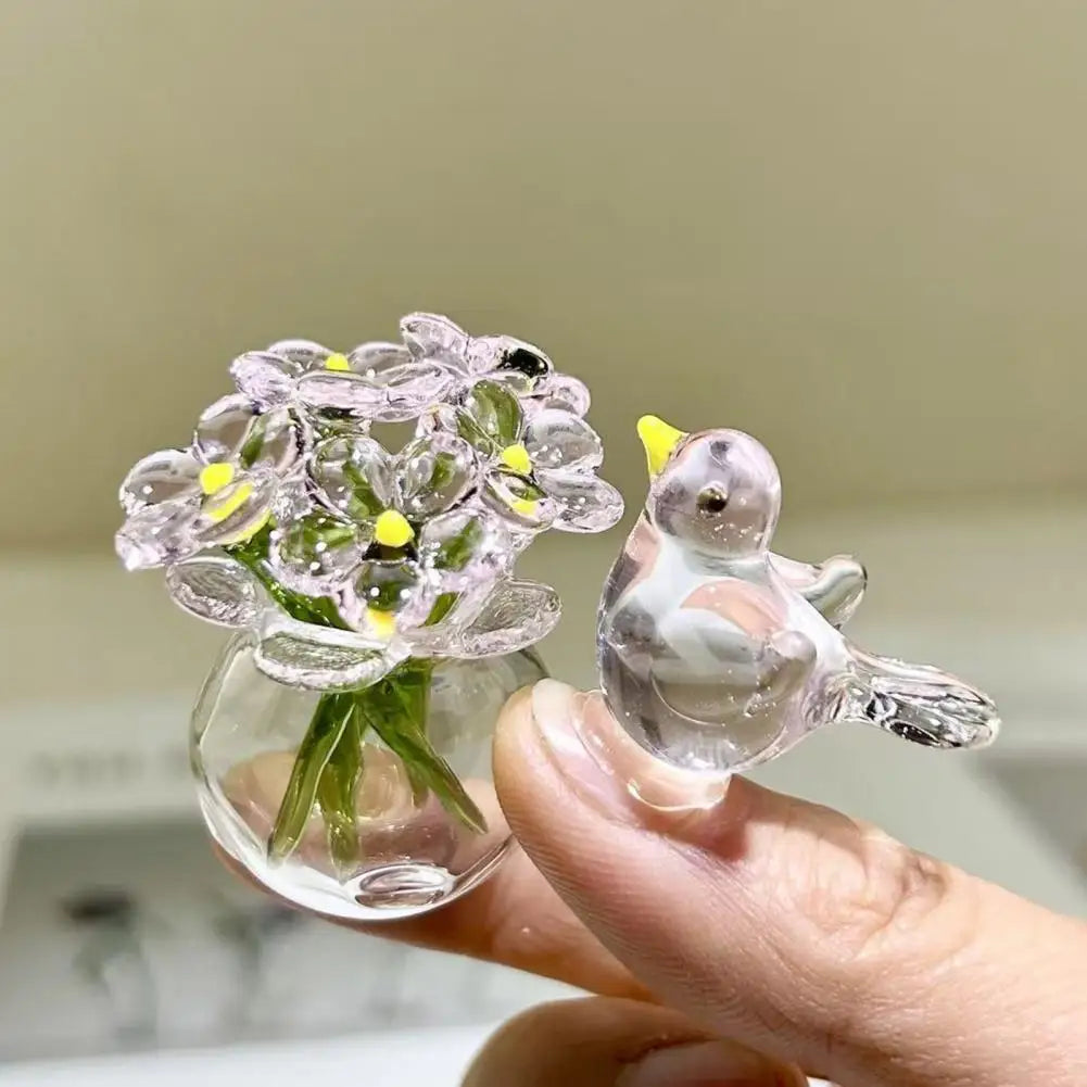 Mini Faux Crystal Flower Figurine Glass Bouquet Bee Bird Décor Glass Flower Figurine Nixie