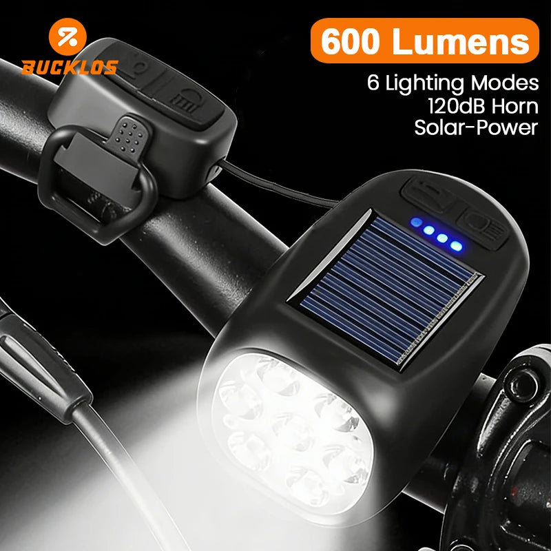 BUCKLOS Solar Bike Light 7 LED 600LM + 120dB Horn, Type-C Bicycle Headlight Nixie FRONT LIGHT