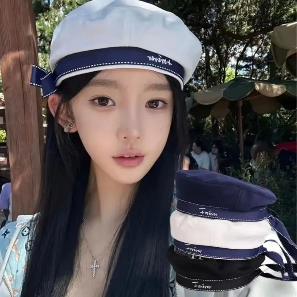 Japanese Sailor Hat Ribbon Bowknot Letter Embroidery Octagonal Cap Sailor Hat Nixie