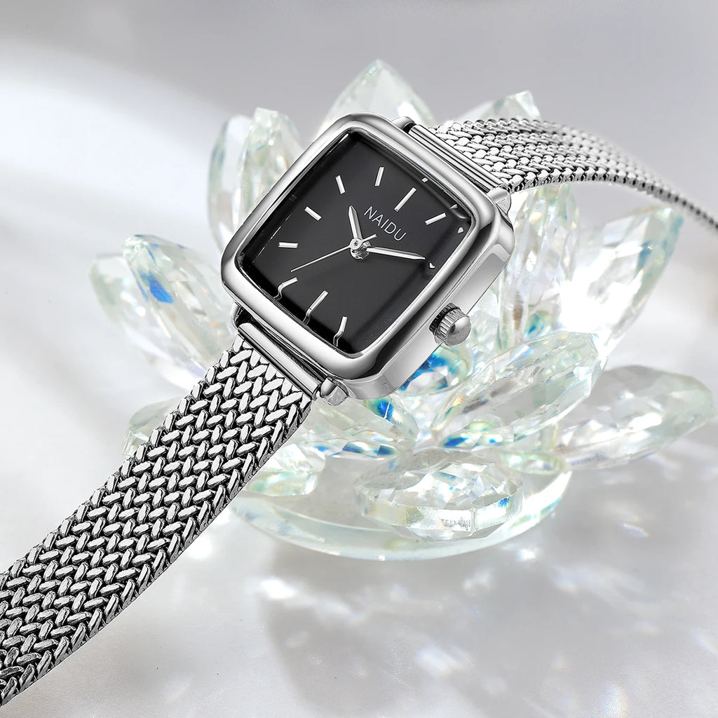 Women's Retro Small Square Quartz Watch – Steel Strap Women's Quartz Watch Nixie