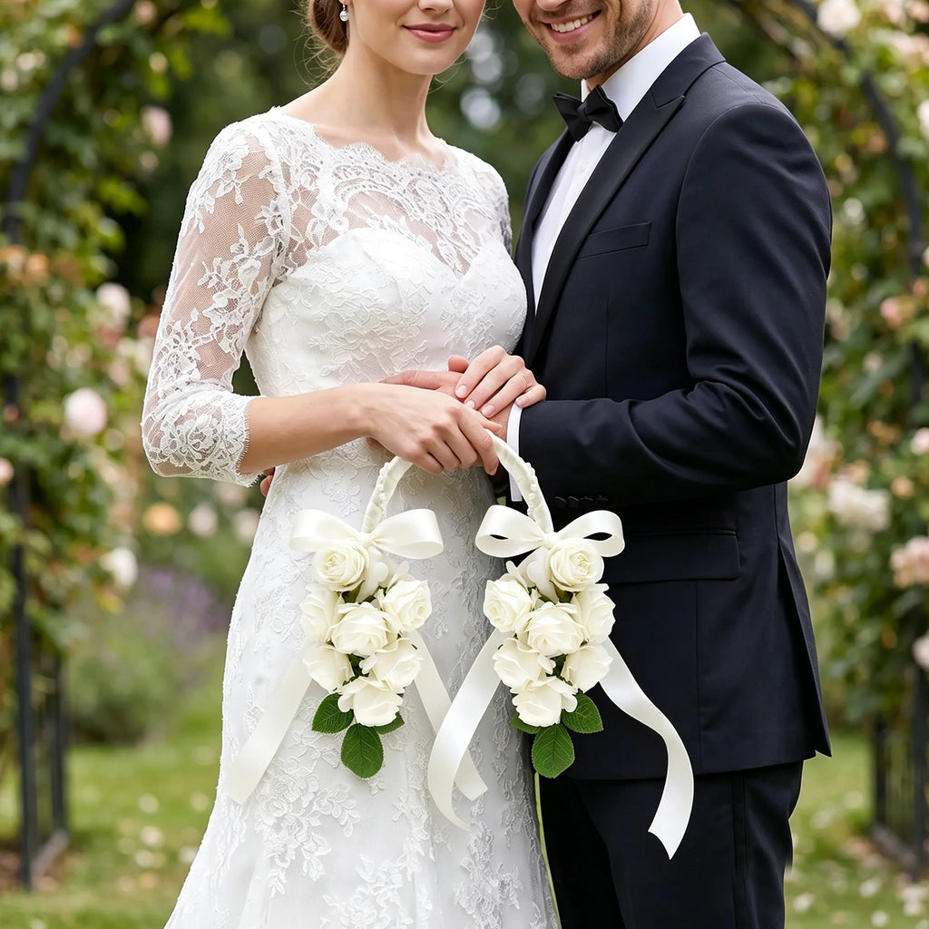 Artificial White Rose Bridal Bouquet with Pearl Handle Artificial Bridal Bouquet Nixie