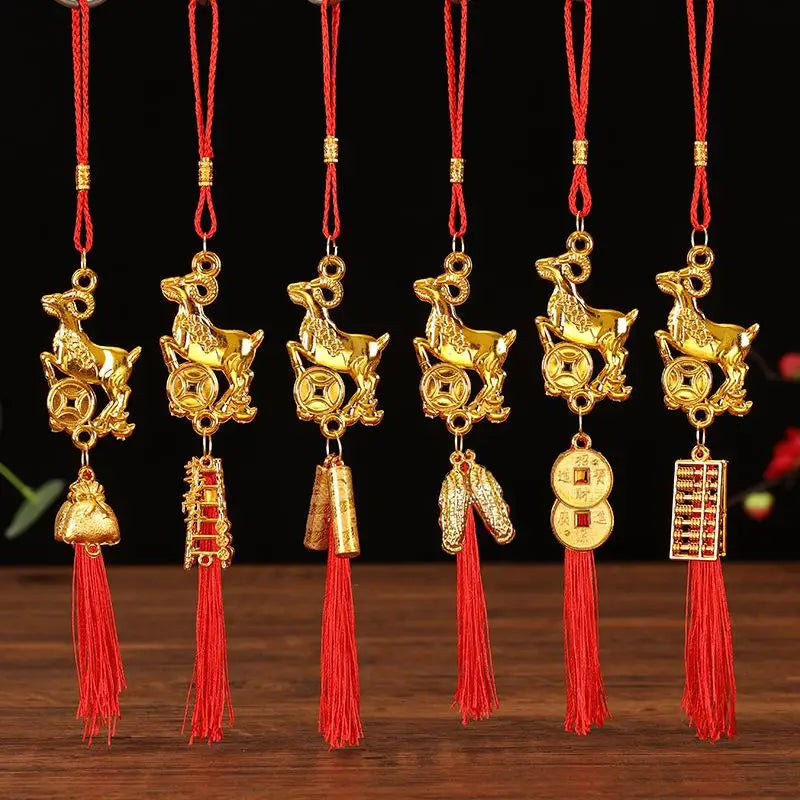 Golden Chinese Zodiac Goat Ornament with Red Tassel Lucky Charm Hanging Ornament Nixie