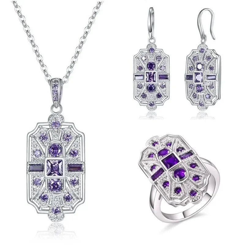 Blue Crystal Heart Jewelry Set – Necklace, Earrings & Ring Crystal Jewelry Set Nixie
