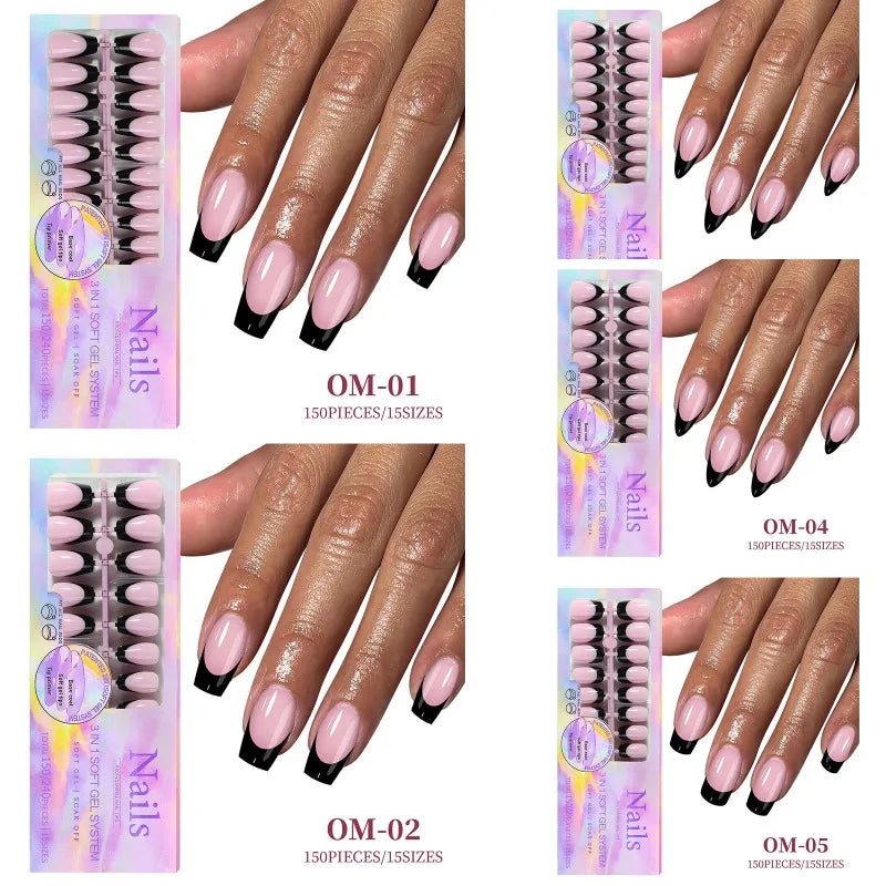 Black Pink French Tip Press On Nails with Rhinestone 24pcs Press On Nails Nixie
