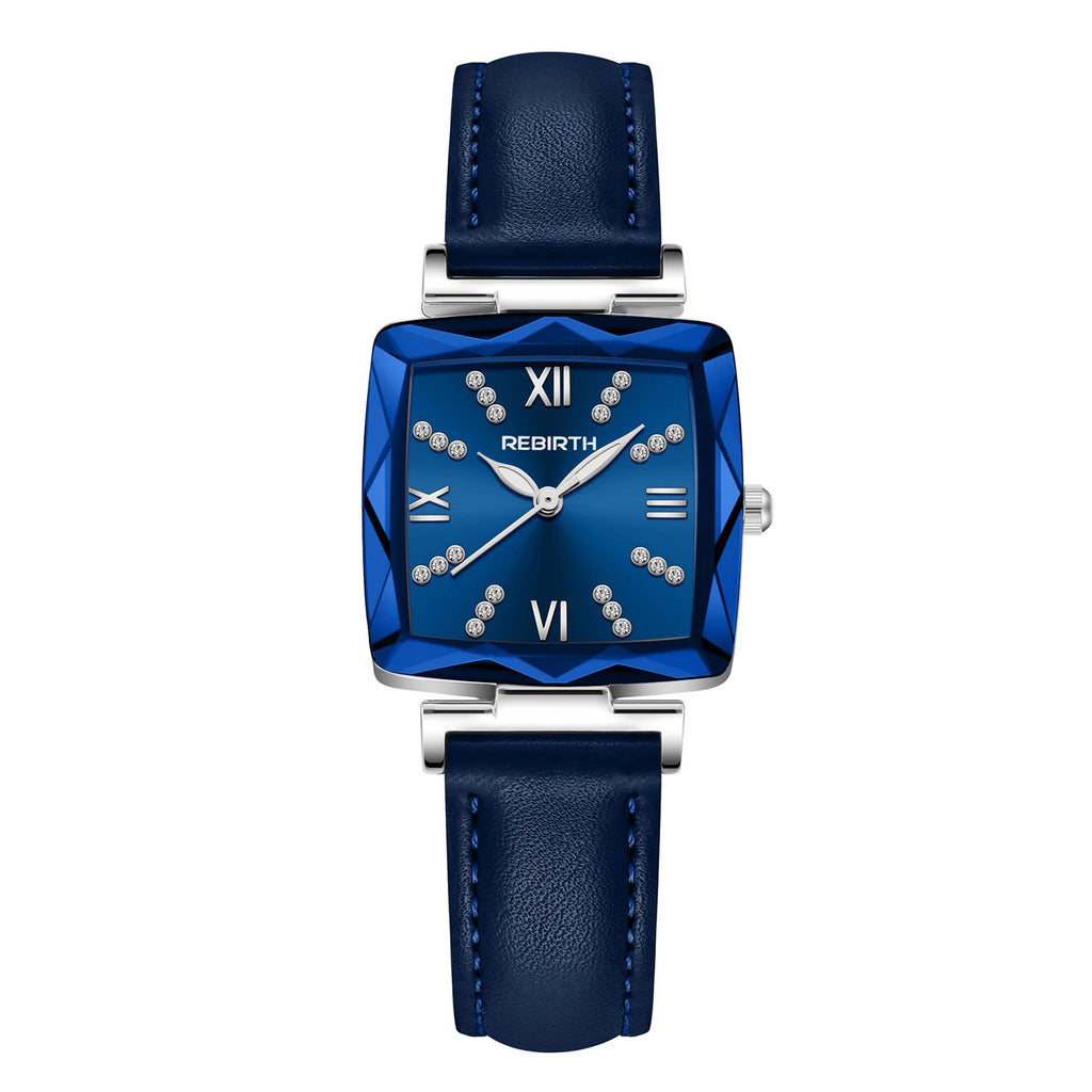 REBIRTH Square Women's Rhinestone Quartz Watch | Leather Band Women's Fashion Watch Nixie Blue