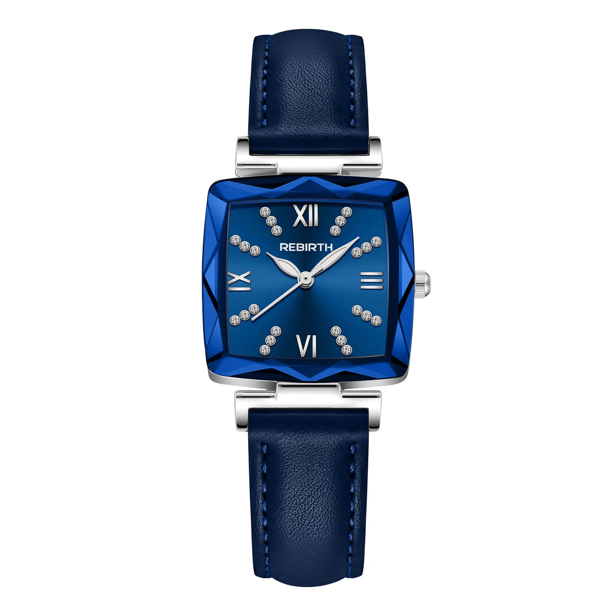 REBIRTH Square Women's Rhinestone Quartz Watch | Leather Band Women's Fashion Watch Nixie Blue
