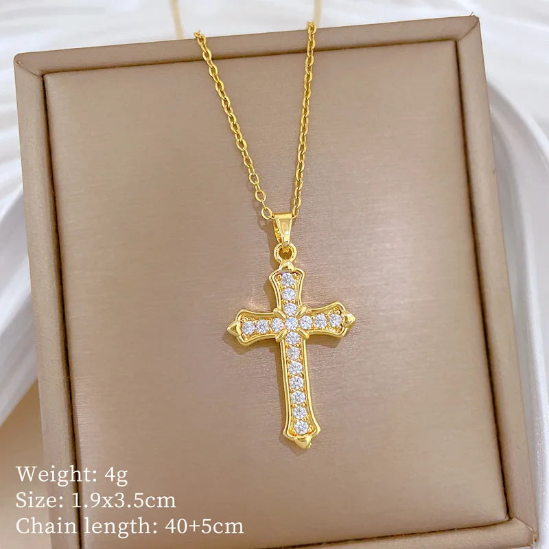 Women's Gold Cross Pendant Necklace – Zircon & Stainless Steel Pendant Necklace Nixie XL2606-628