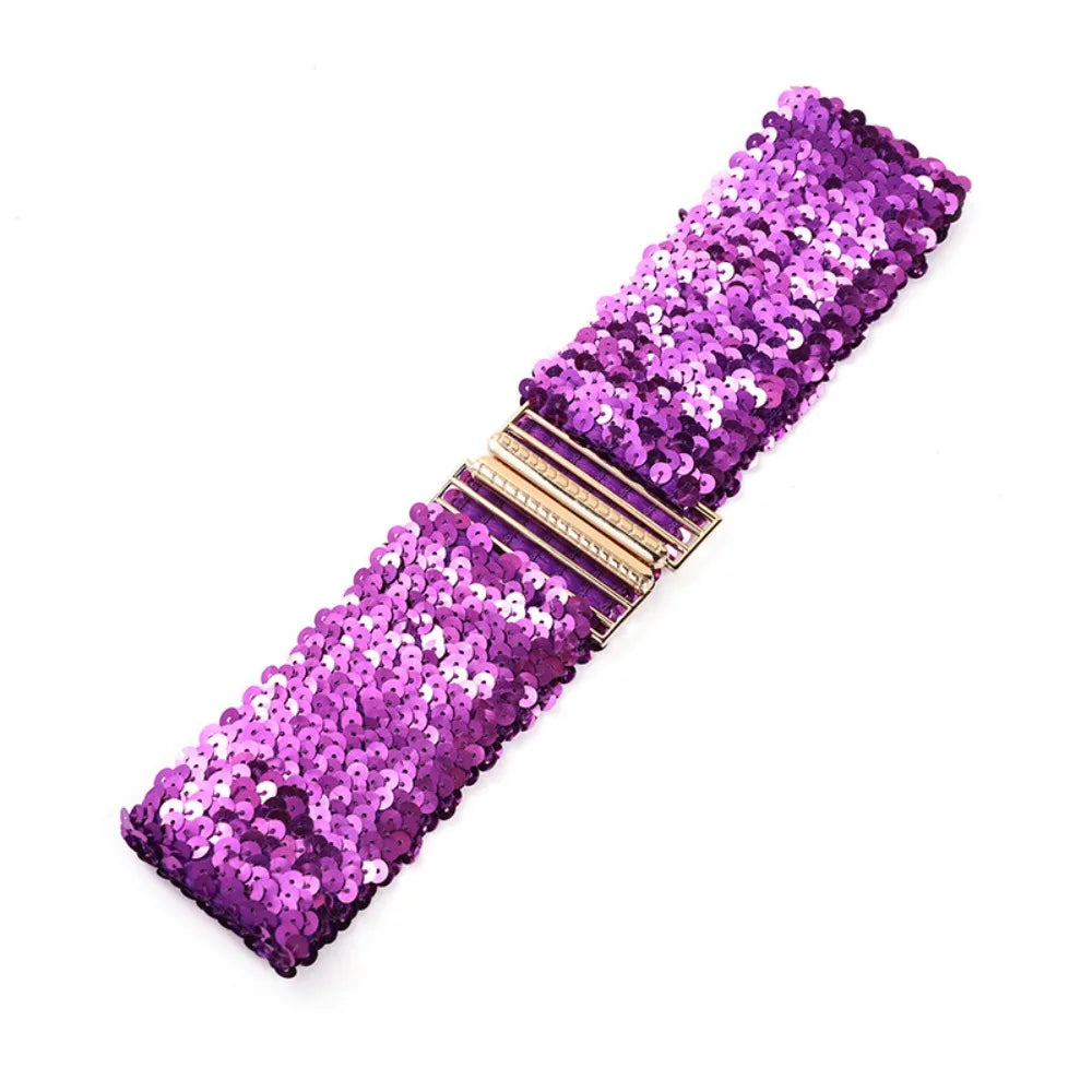 Women's Elastic Sequin Stretch Belt Gold Buckle – 60cm Sequin Stretch Belt Nixie Purple