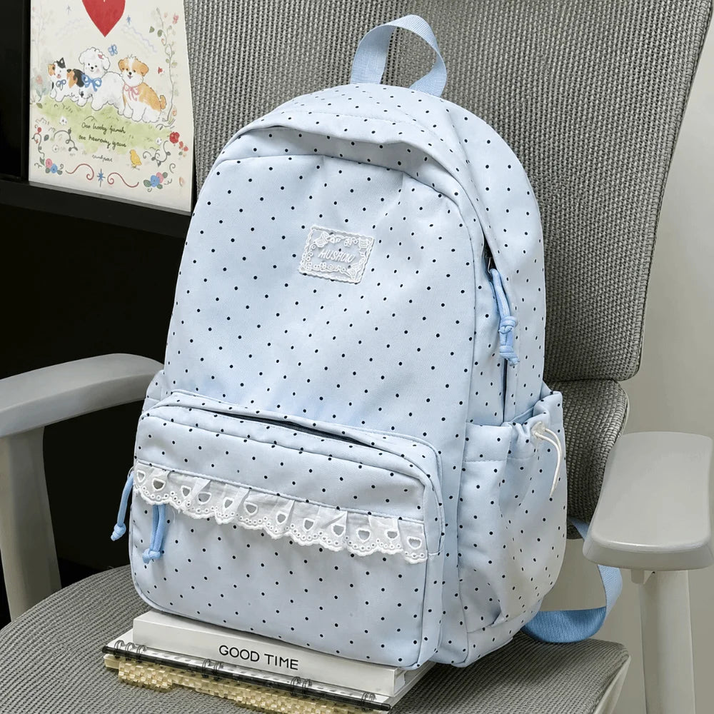 Polka Dot Nylon Backpack – Large Multi-Pocket Laptop Daypack Nylon Travel Backpack Nixie Blue-No pendant