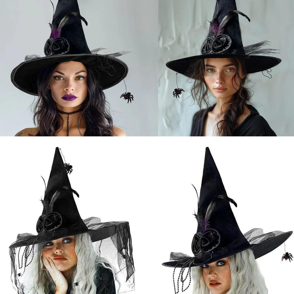 Halloween Witch Hat with Veil, Flowers & Feathers | Felt Wizard Hat