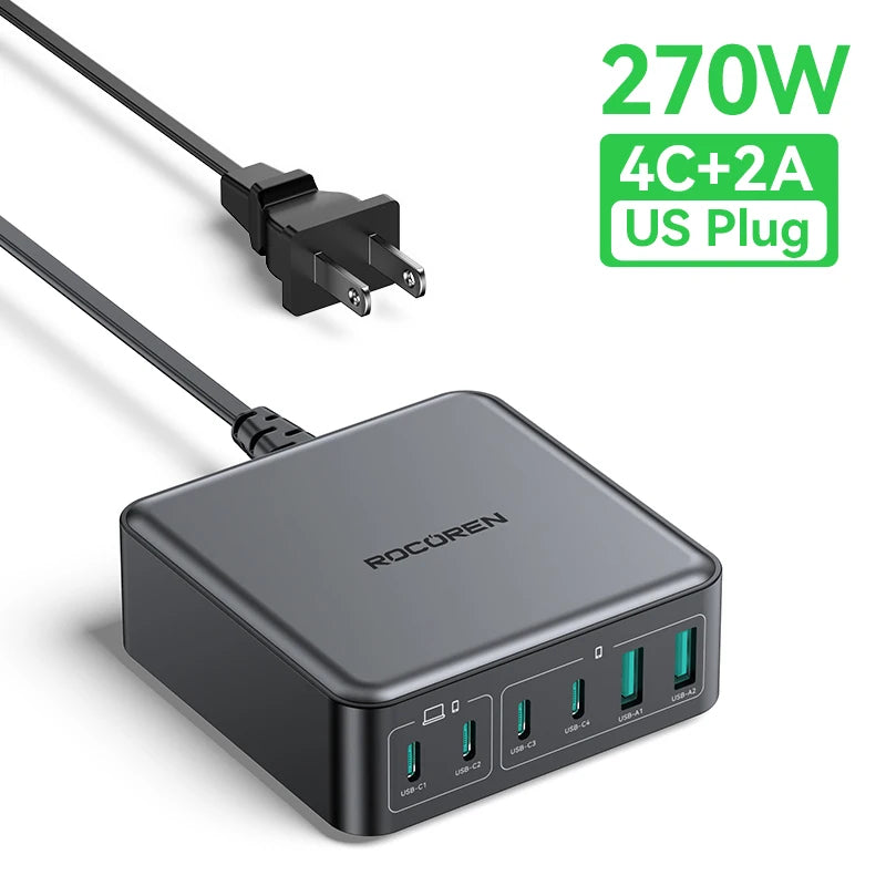 Rocoren 200W GaN Charger 6-Port USB-C PD Fast Charging Station GaN Charging Station Nixie US Plug