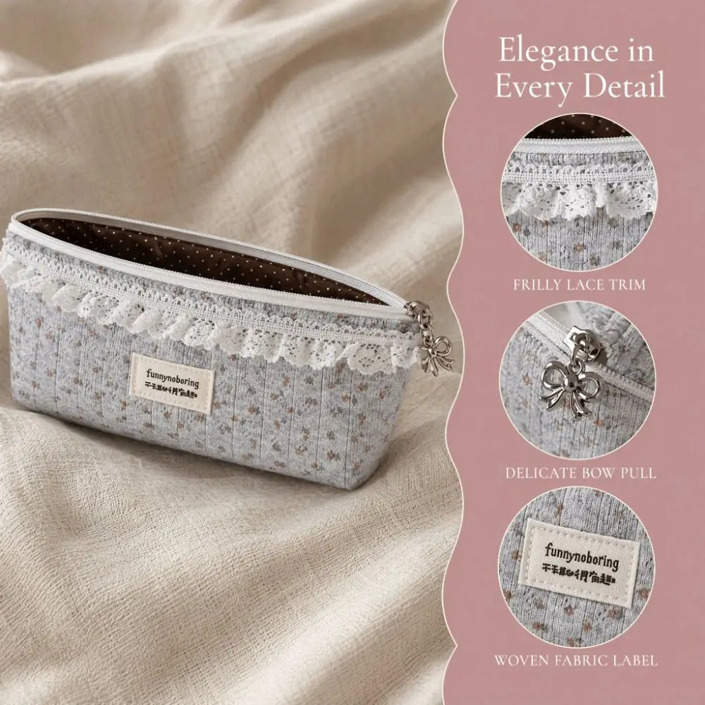Floral Lace Pencil Case – Large Capacity Grey Pouch
